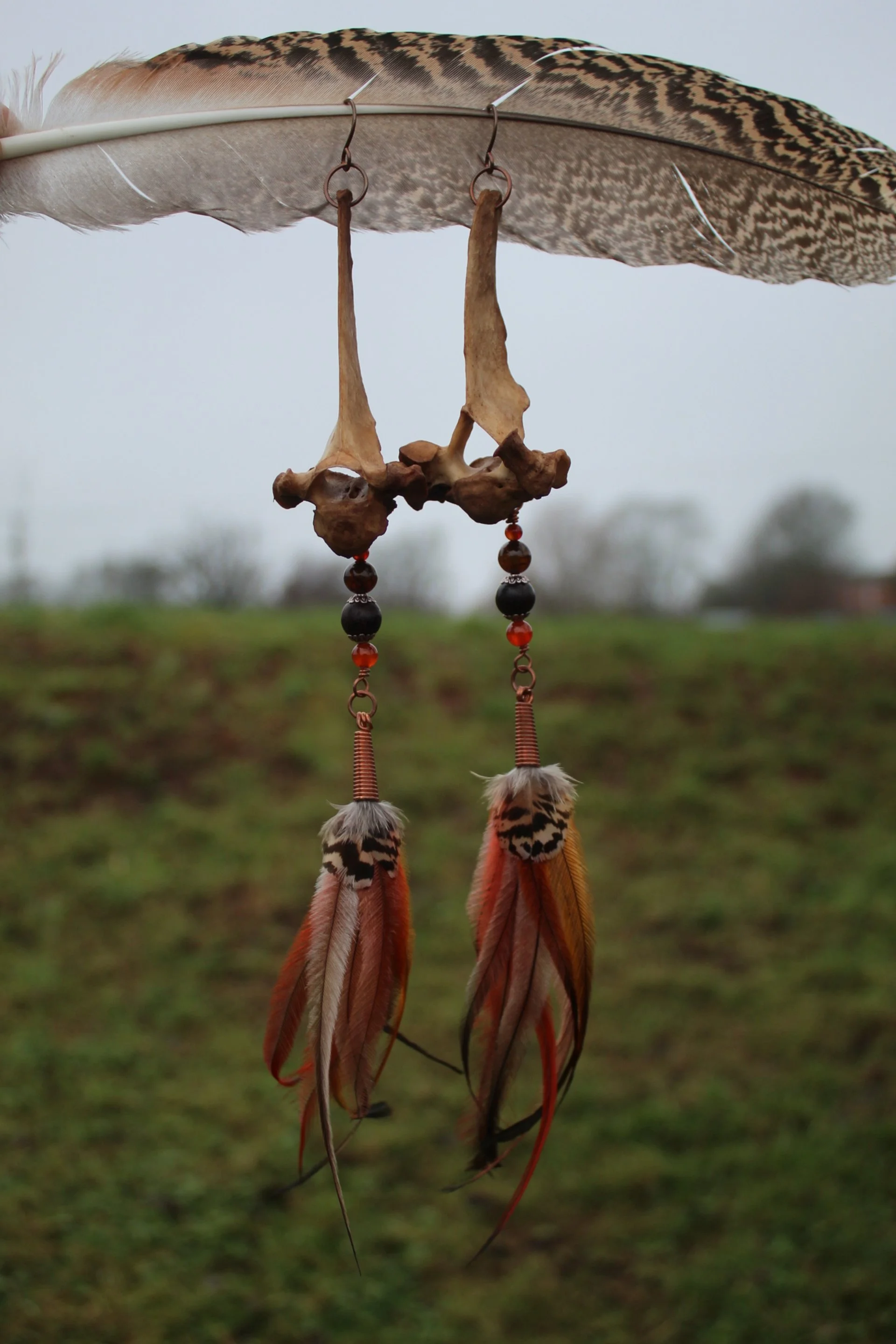 ꩜ Roe Deer Bone & Emu Feather Earrings