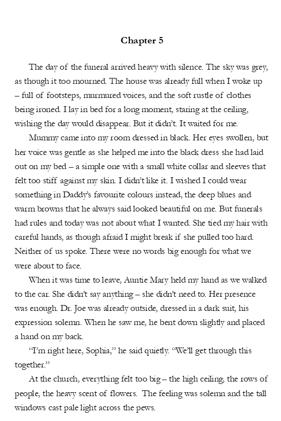 Page from a book or document titled 'Chapter 5,' describing a funeral scene and emotional farewell.