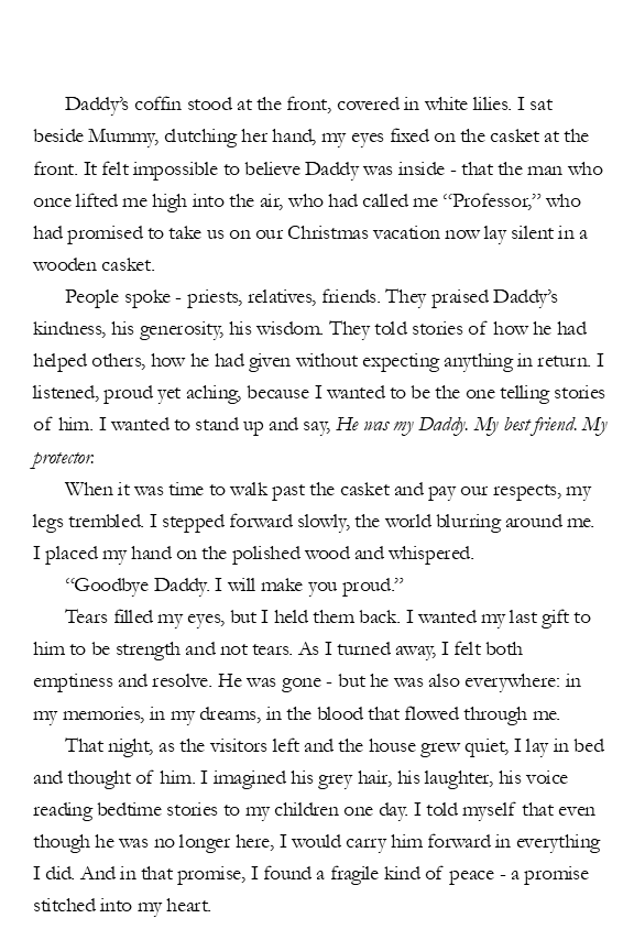 A page of a book describing a funeral scene, with a coffin, memories of a loved one, and feelings of love and loss.