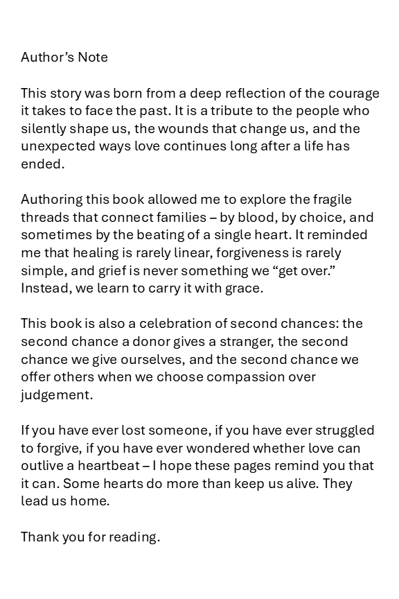 Page of a book with author’s note about love, healing, forgiveness, and second chances.