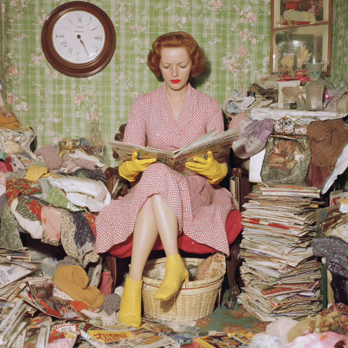 Una donna con capelli rossi, vestita con un abito a pois rosso e bianco, indossa guanti gialli e scarpe gialle, seduta in una stanza disordinata piena di pile di riviste, vestiti e oggetti vari, che legge un libro o rivista.