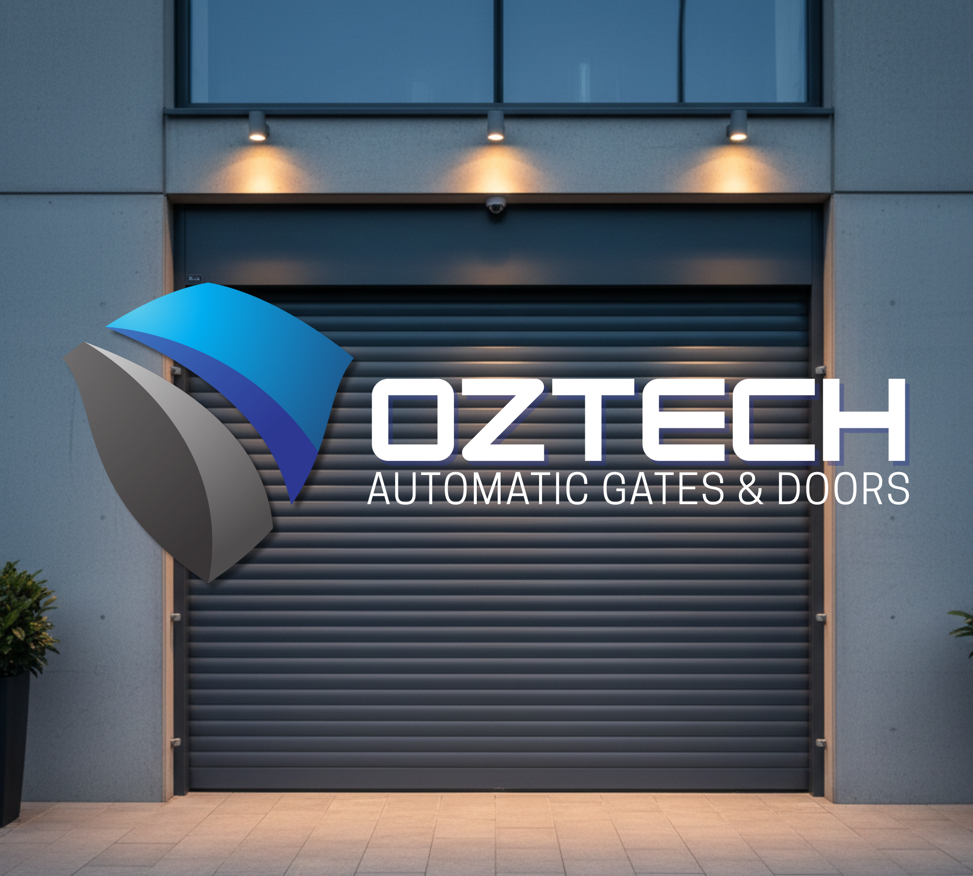 A closed garage door with the Oztech logo and modern building exterior.