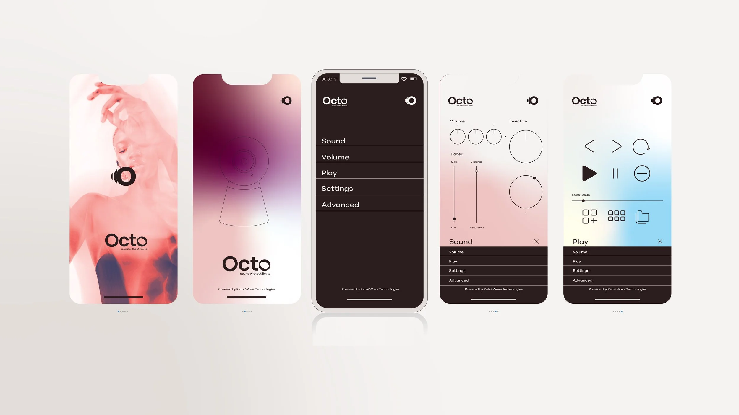 Set of five mobile phone screens showing different interfaces of the Octo music app, with a logo and various music control features.