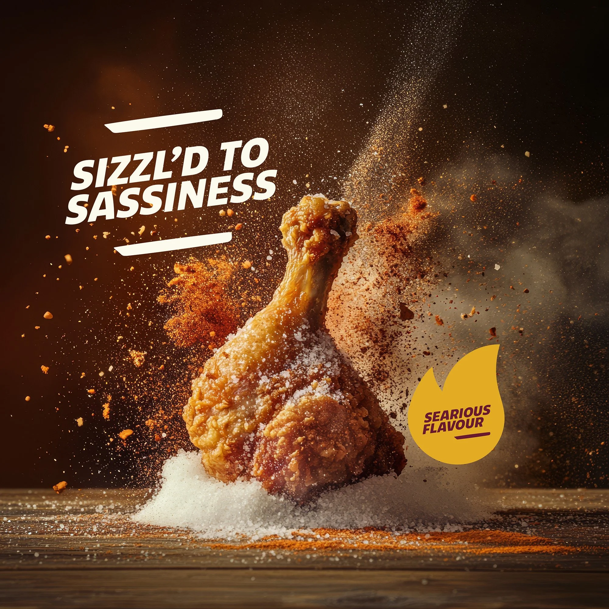 A fried chicken drumstick surrounded by spices and powder, with text overlay reading 'SIZZL'D TO SASSINESS' and a yellow badge stating 'SERIOUS FLAVOUR'.
