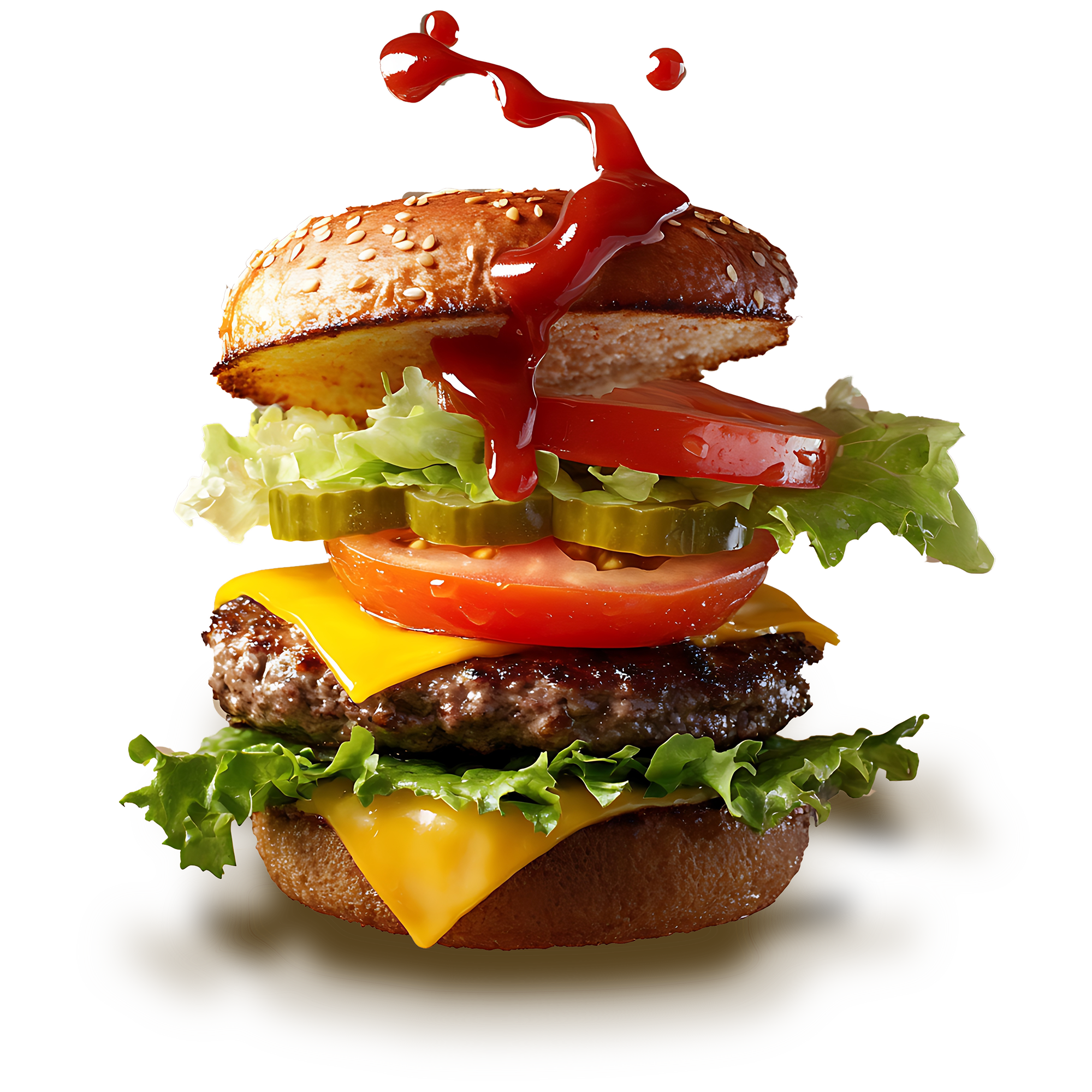 A layered cheeseburger with lettuce, tomato, pickles, a beef patty, melted cheese, a hamburger bun, and ketchup on top.