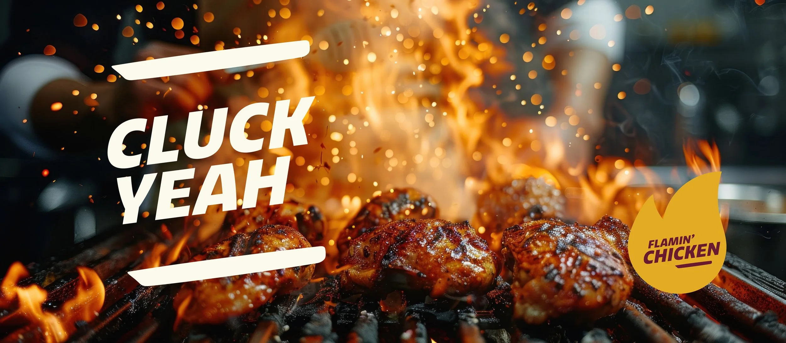 Grilling chicken pieces on a barbecue with flames and sparks, text overlay saying 'Click Yeah' and a logo with the words 'Flamin' Chicken'