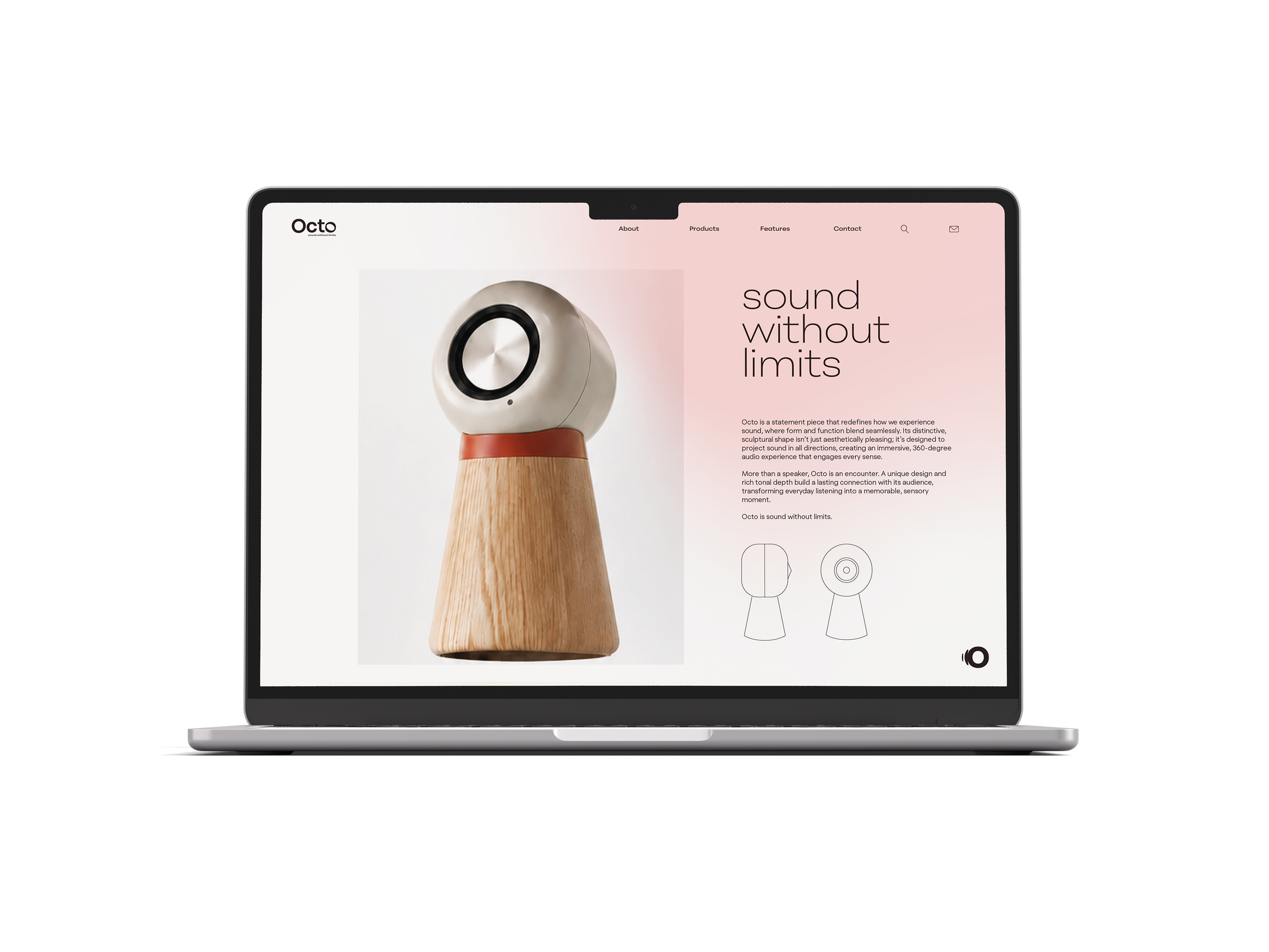 Laptop screen displaying a webpage about a speaker product with a modern design, featuring a spherical speaker mounted on a wooden stand and pink background with text.