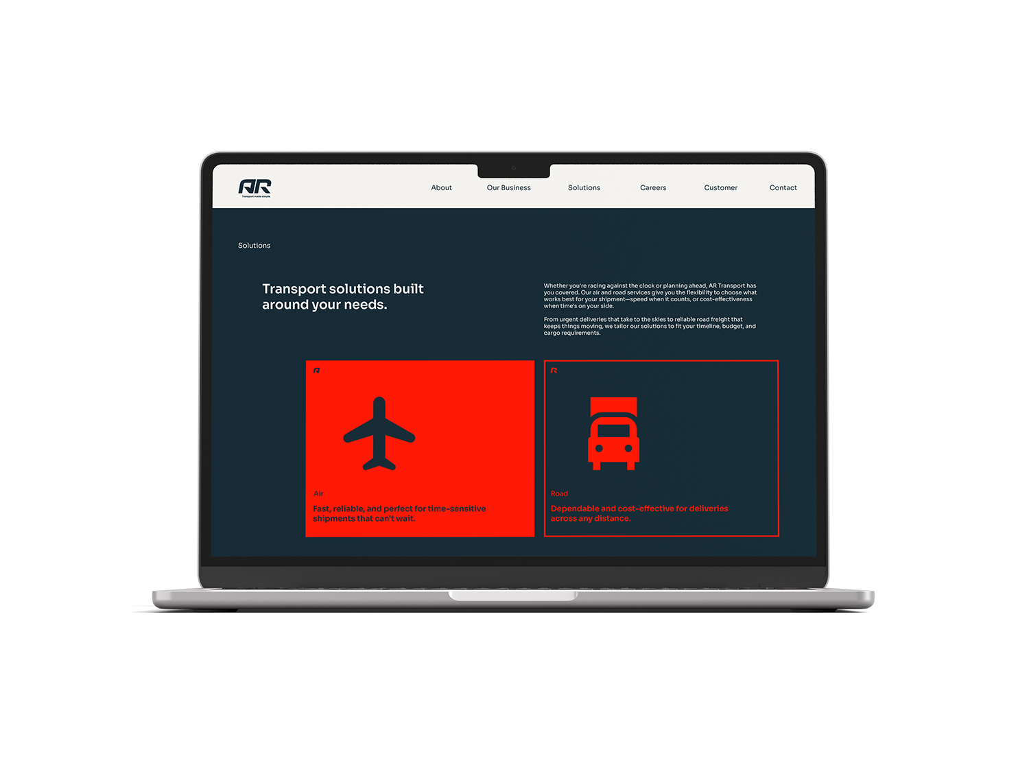 Laptop screen displaying a transportation solutions webpage with options for air and road freight services.