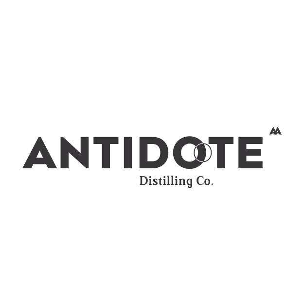 Logo for Antidote Distilling Co. with the company name and a stylized letter 'O' resembling a barrel or drop.
