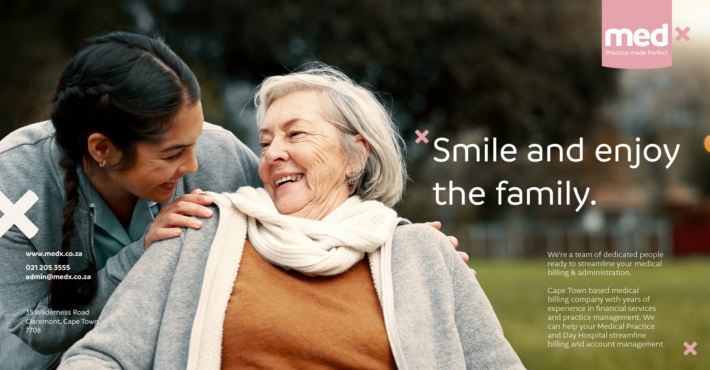 MedX advertisement with smiling elderly lady being assisted by a young energetic girl. The MedX call-to-action line reads "Smile and enjoy the family". MedX's hassle-free online submission portal allows for more time to be spent with your family.