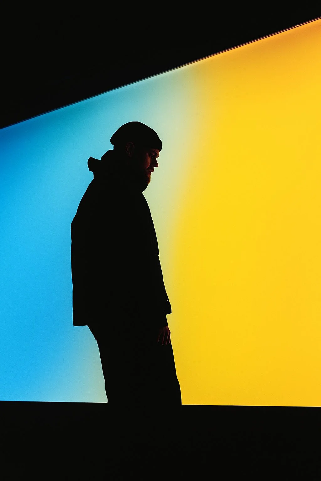 Silhouette of a man wearing a hooded jacket and beanie, standing against a gradient background of blue, light green, and yellow.