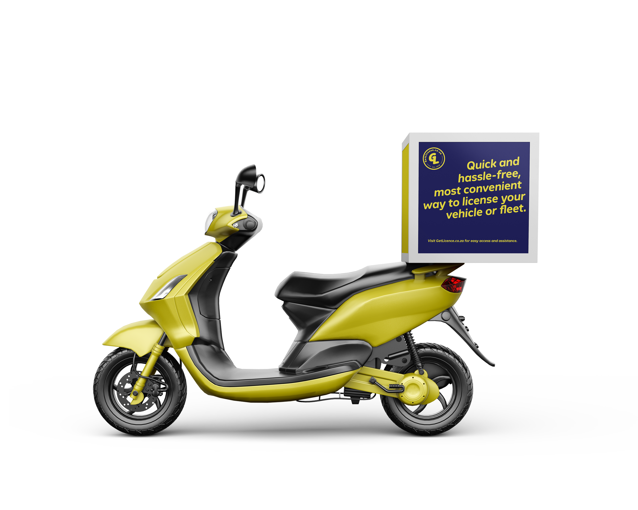 Convenience at it's best! The GetLicense.co.za bright yellow delivery bike design with catchy brand and service call-outs on the delivery box.