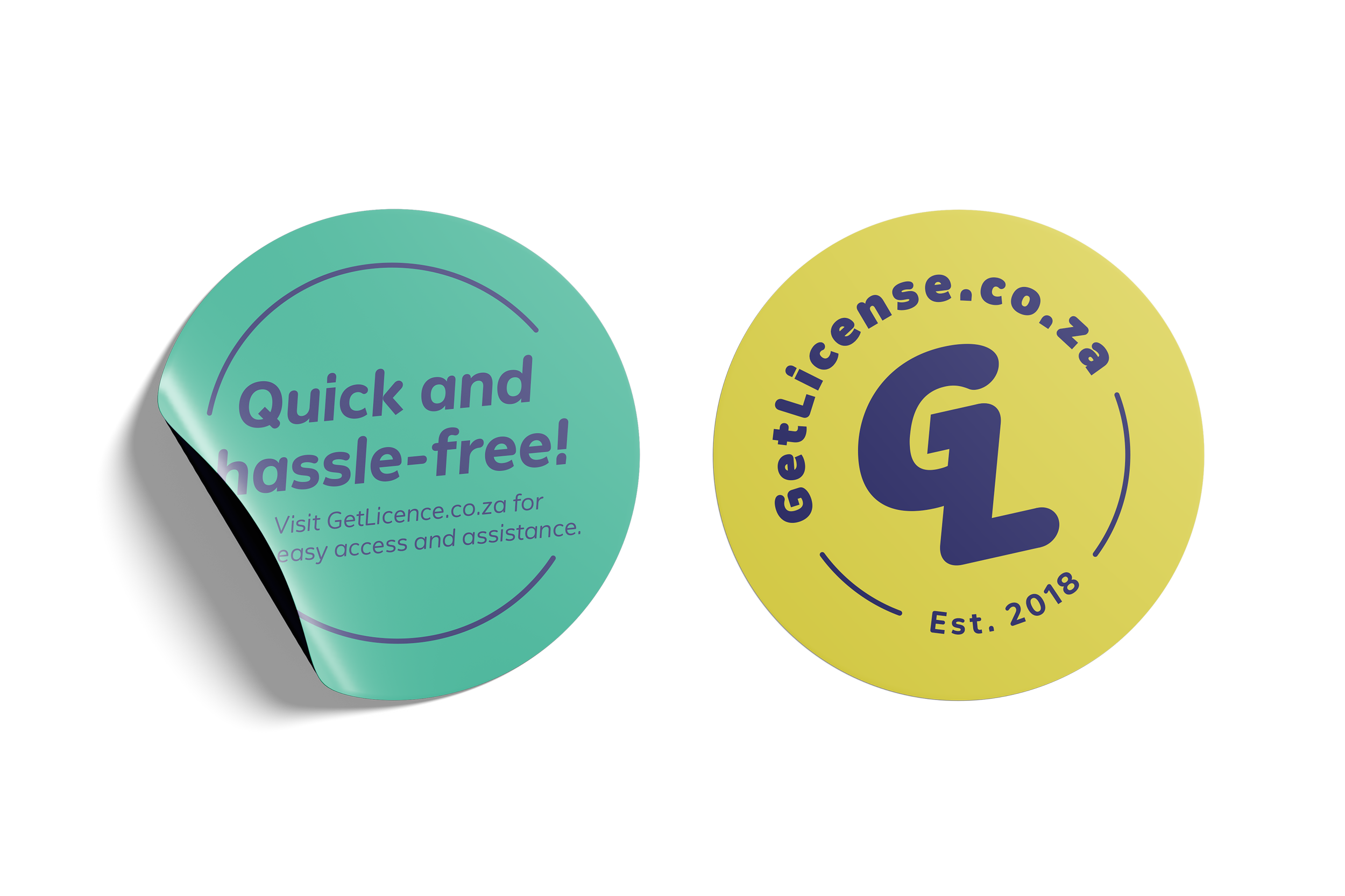 GetLicense.co.za branded stickers with catchy call-to-actions and GL logo. GetLicense branded collateral.