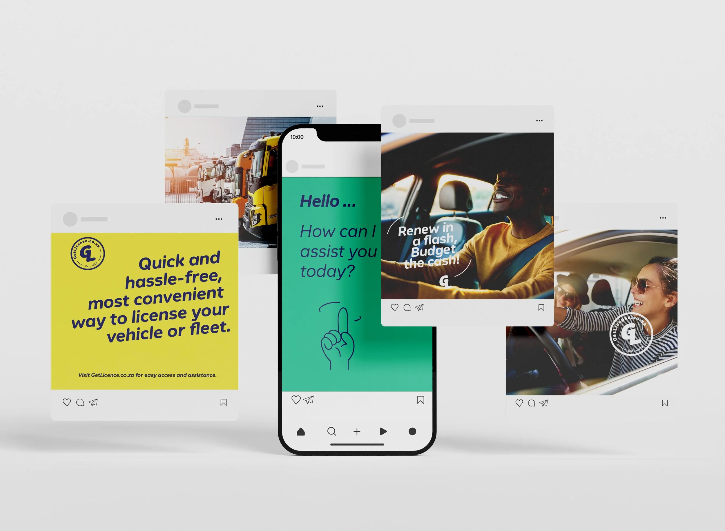 Engaging social media design layouts for GetLicense.co.za advertising and service offering messaging.