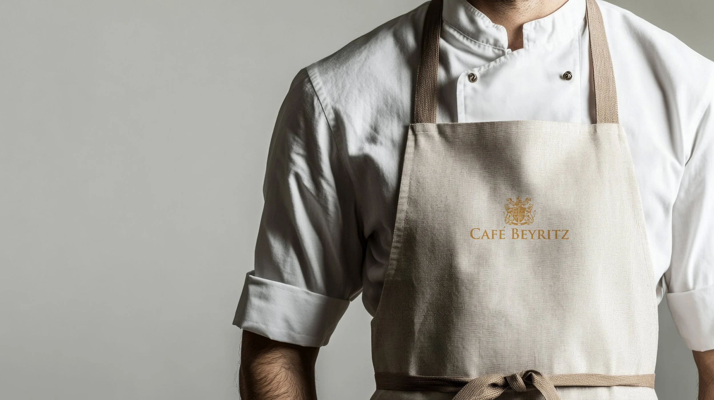 Close-up of a person wearing a white chef's jacket and a beige apron with 'Café Beyritz' logo, against a neutral background.