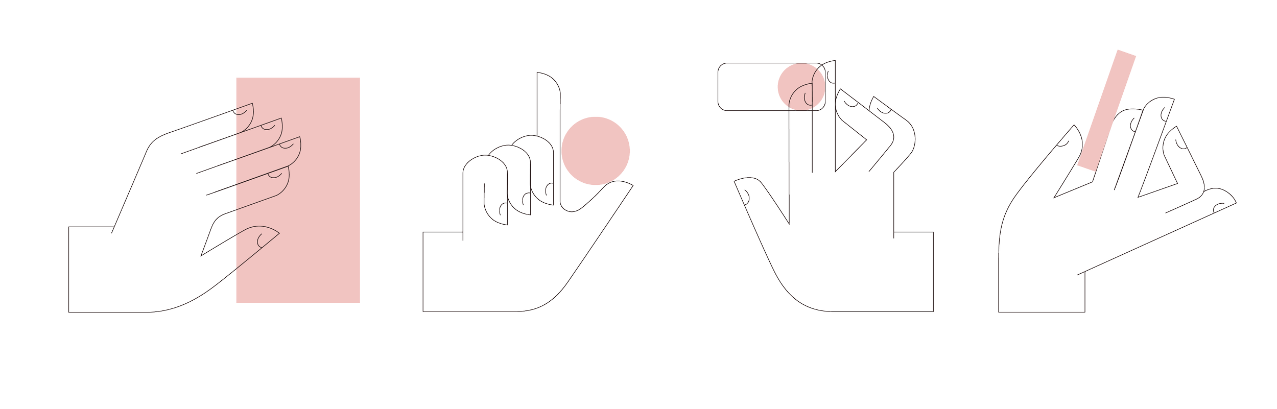 Line drawing of hands holding a phone and a round mirror, with pink highlights.