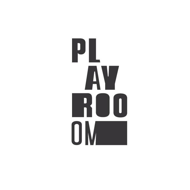 Black background with the words 'PLAY ROOM' arranged vertically in gray text.