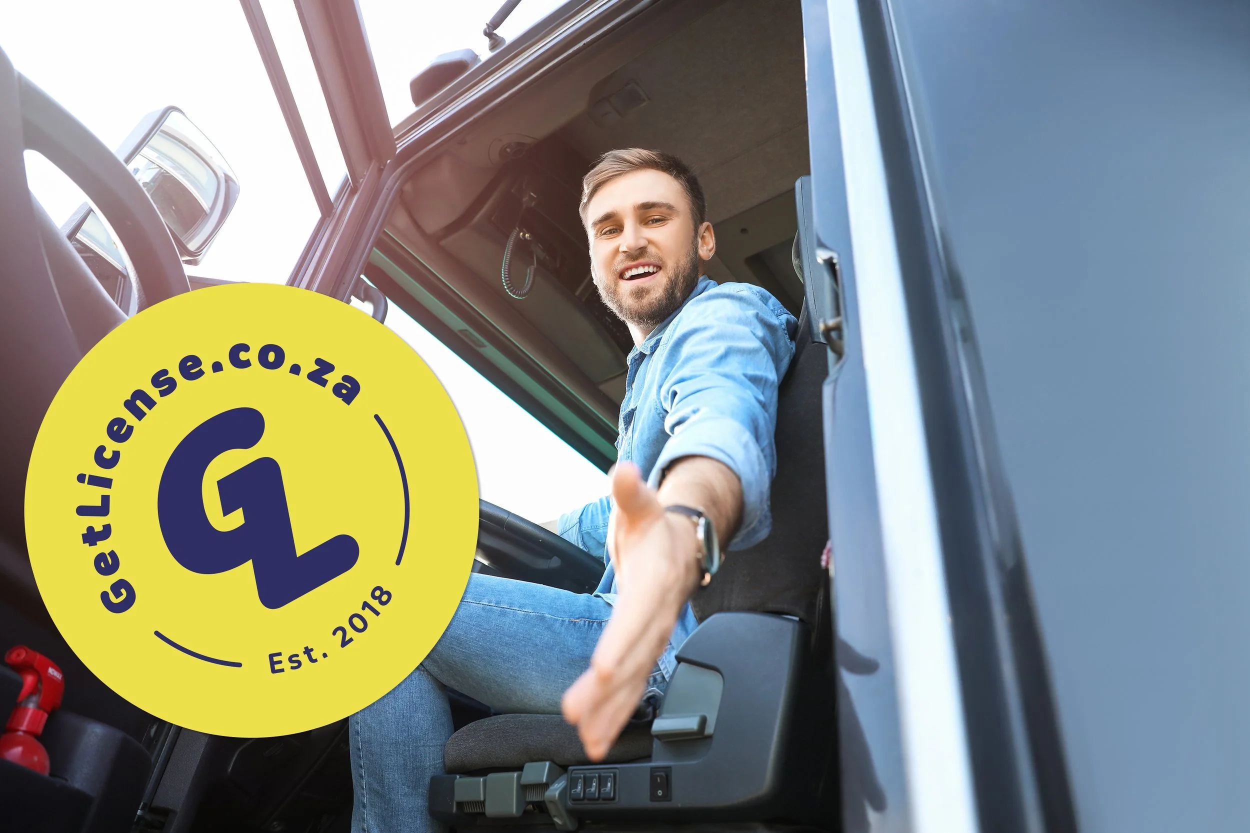 A man smiling and extending his hand for a handshake from inside the driver's seat of a truck, with a yellow circular logo in the foreground reading 'GetLicense.co.za' and 'Est. 2018'.