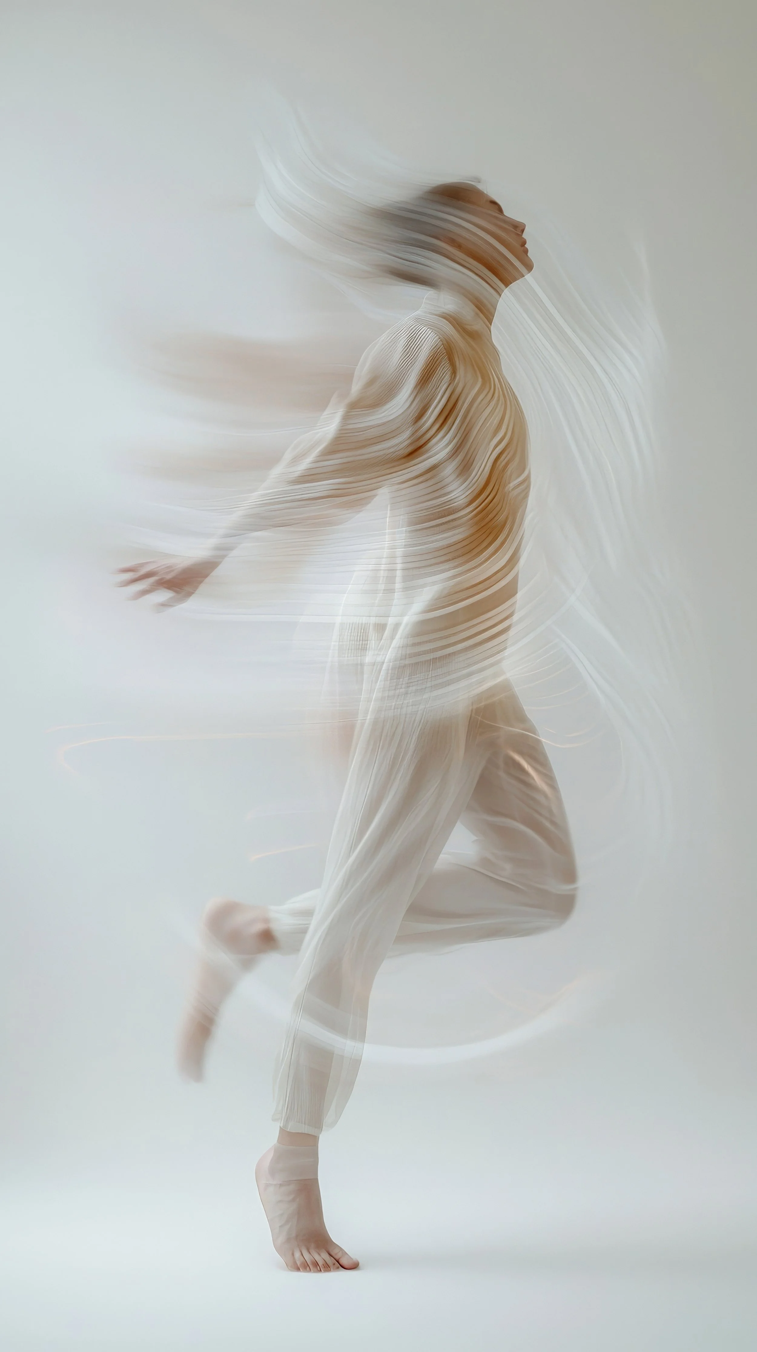 A person in beige clothing appears to be running or in motion, with a blurred effect emphasizing movement, against a plain white background.
