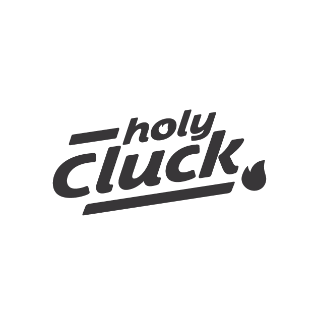 Text logo that reads 'holy cluck' in stylized black font on a white background.