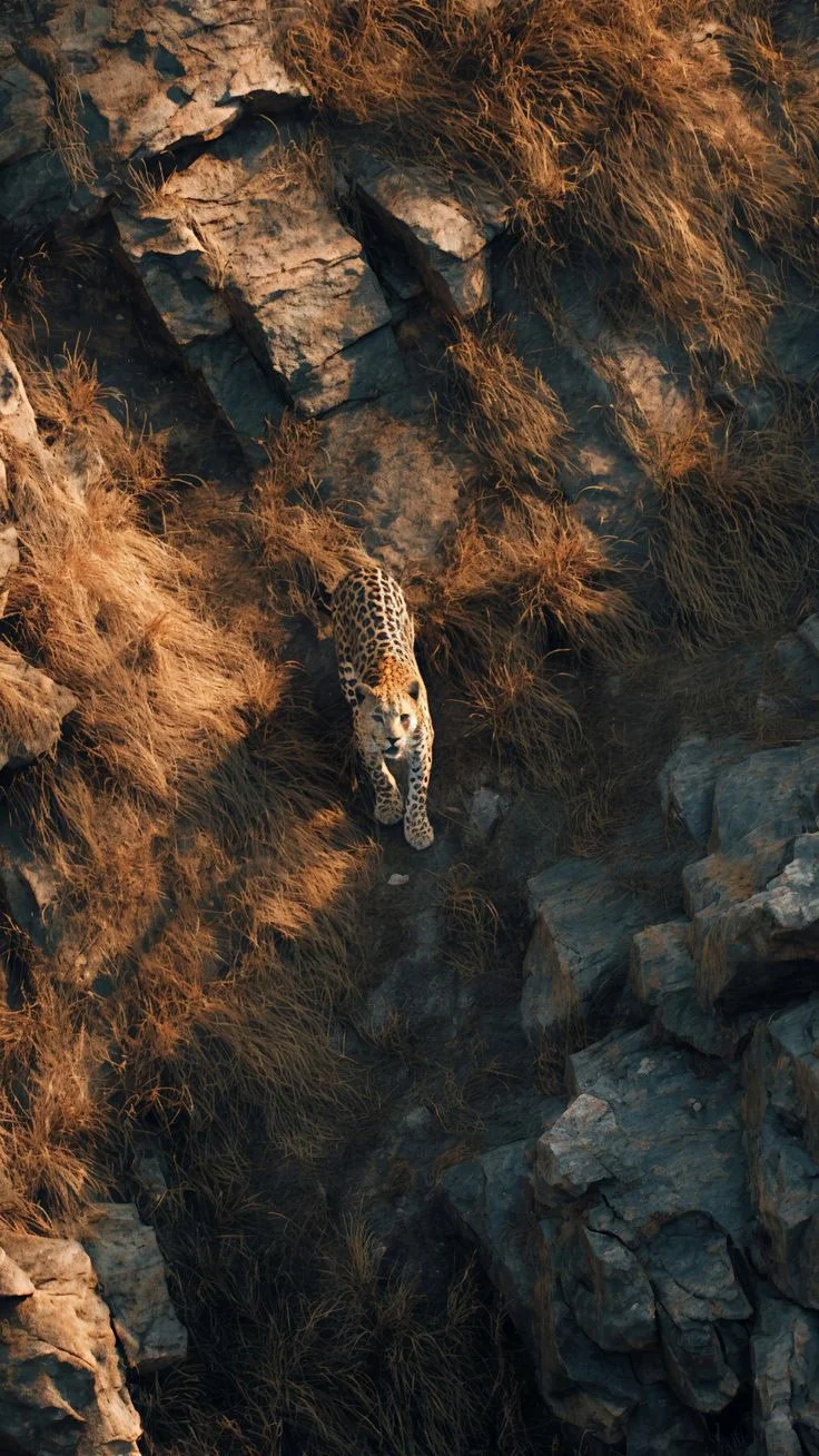 A leopard walking through a rocky and grassy terrain during sunset or sunrise.
