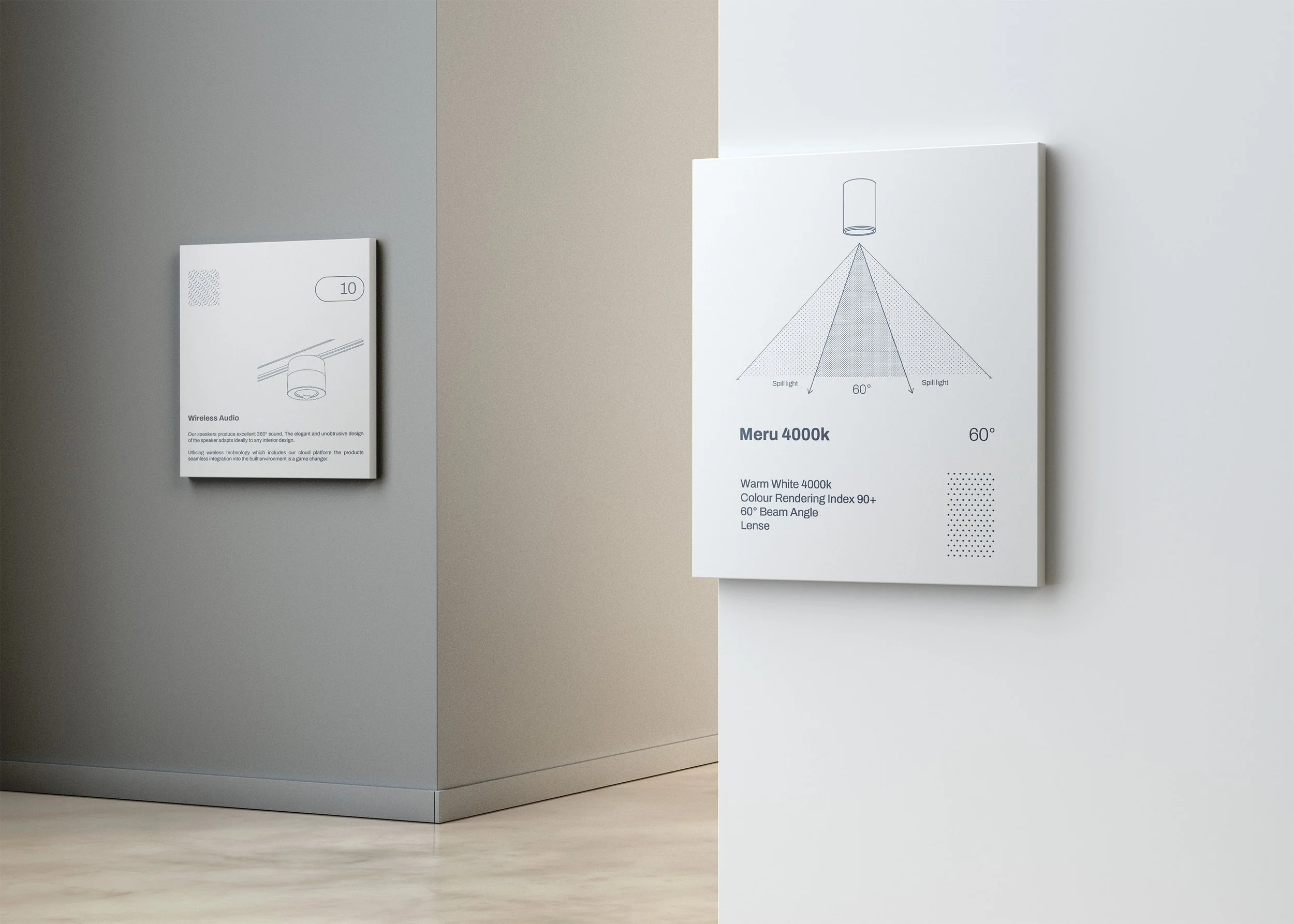 Exhibition display boards with technical diagrams and specifications of lighting products mounted on white and grey walls in a modern decor setting.