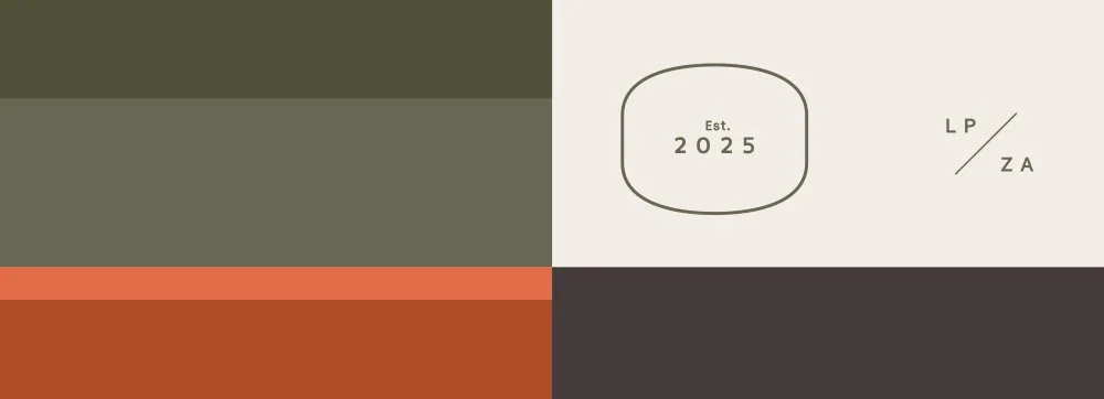 Color block design with neutral tones, a white section with a rounded rectangle containing the text "Est. 2025," and small initials "L P" and "Z A" on the right side.