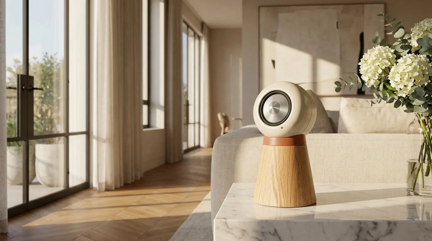 A modern speaker with a white body and metallic front, mounted on a wooden stand, on a marble surface in a bright and airy living room with large windows, sheer curtains, and a vase of white flowers.