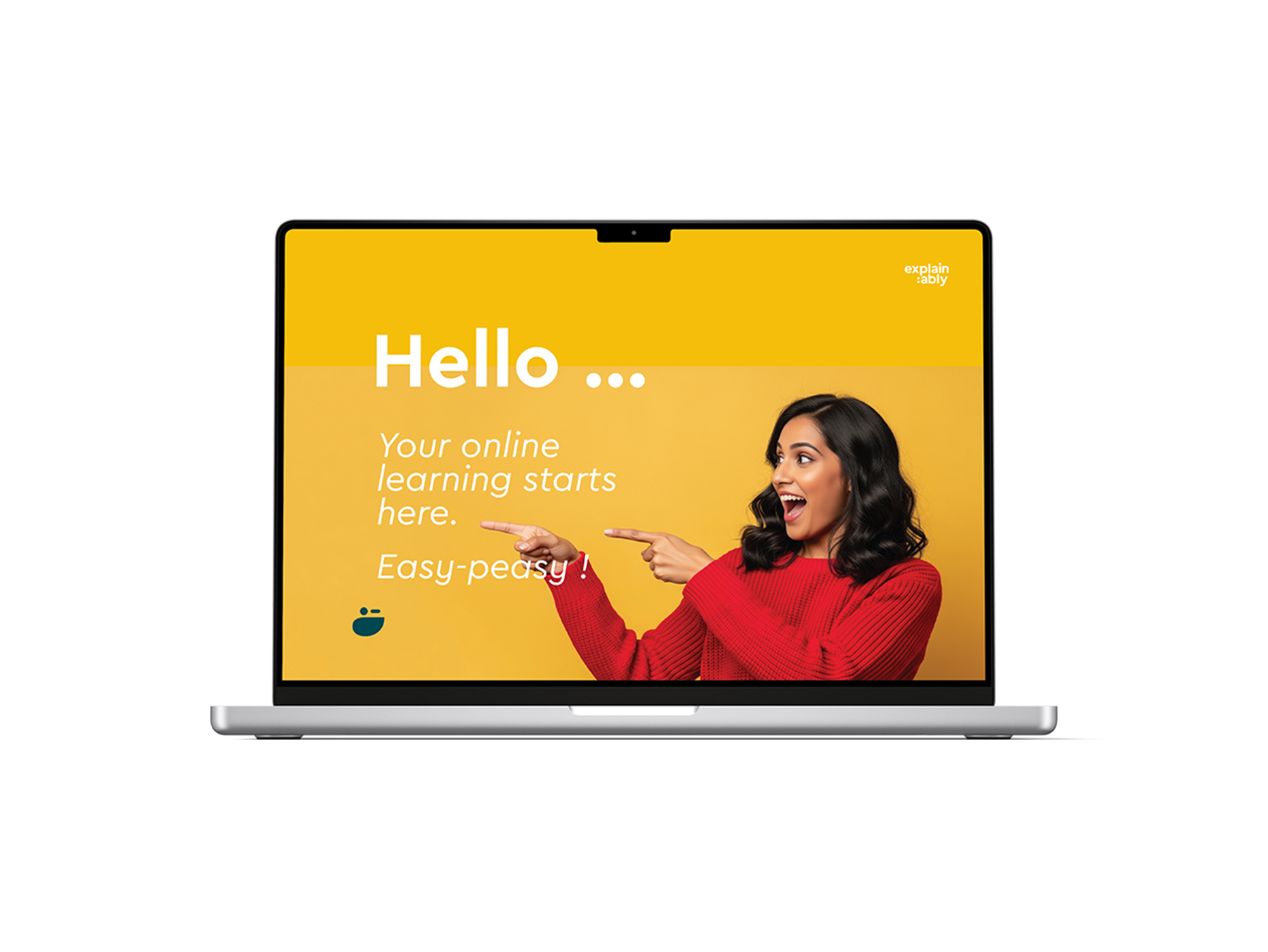 Explain:ably online welcome screen with smiling lady pointing at the call-to-action to join the online classes.