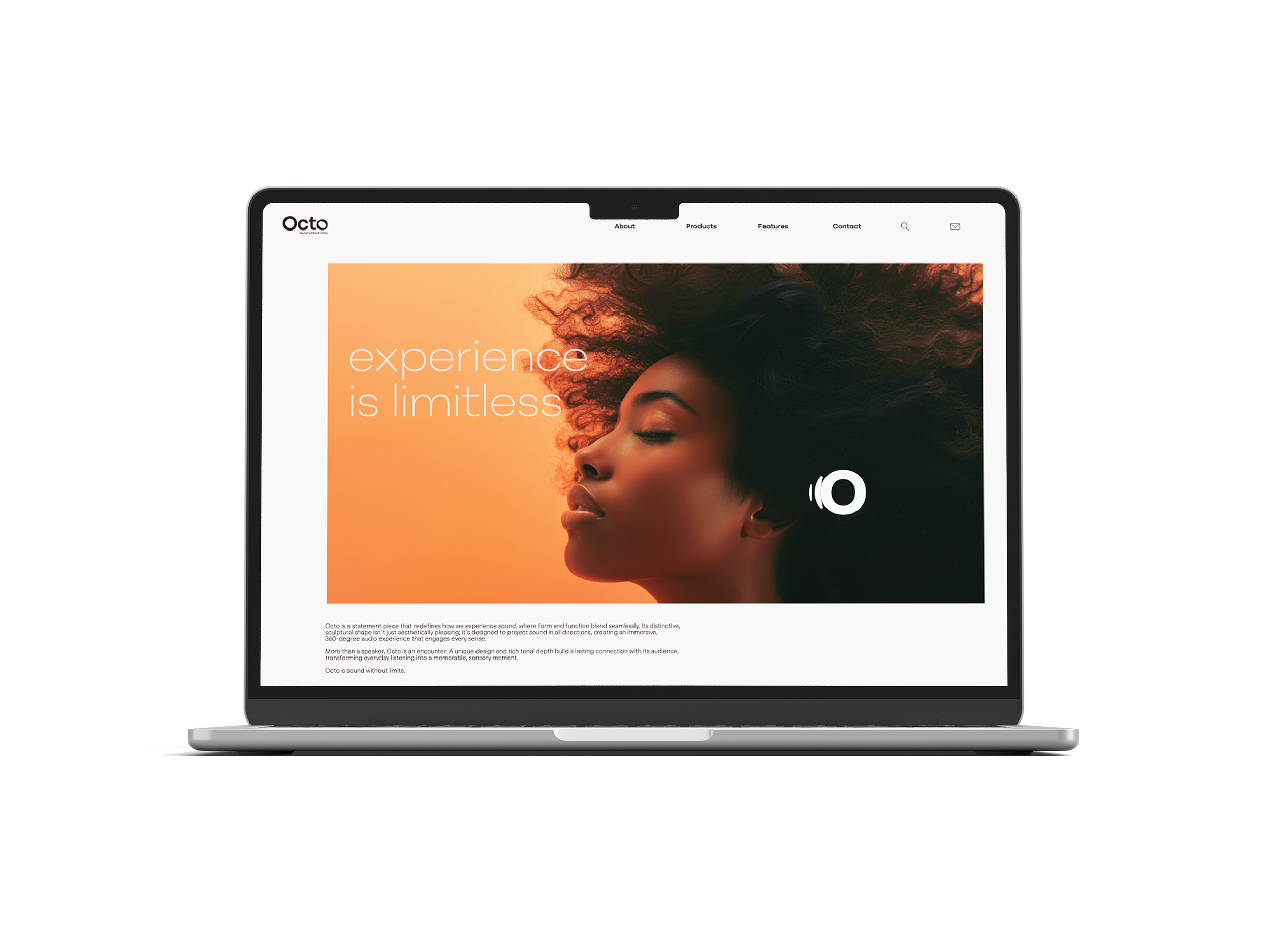 Laptop displaying a website with a woman with voluminous curly hair, closed eyes, and a serene expression. The background has warm tones with the phrase "experience is limitless."