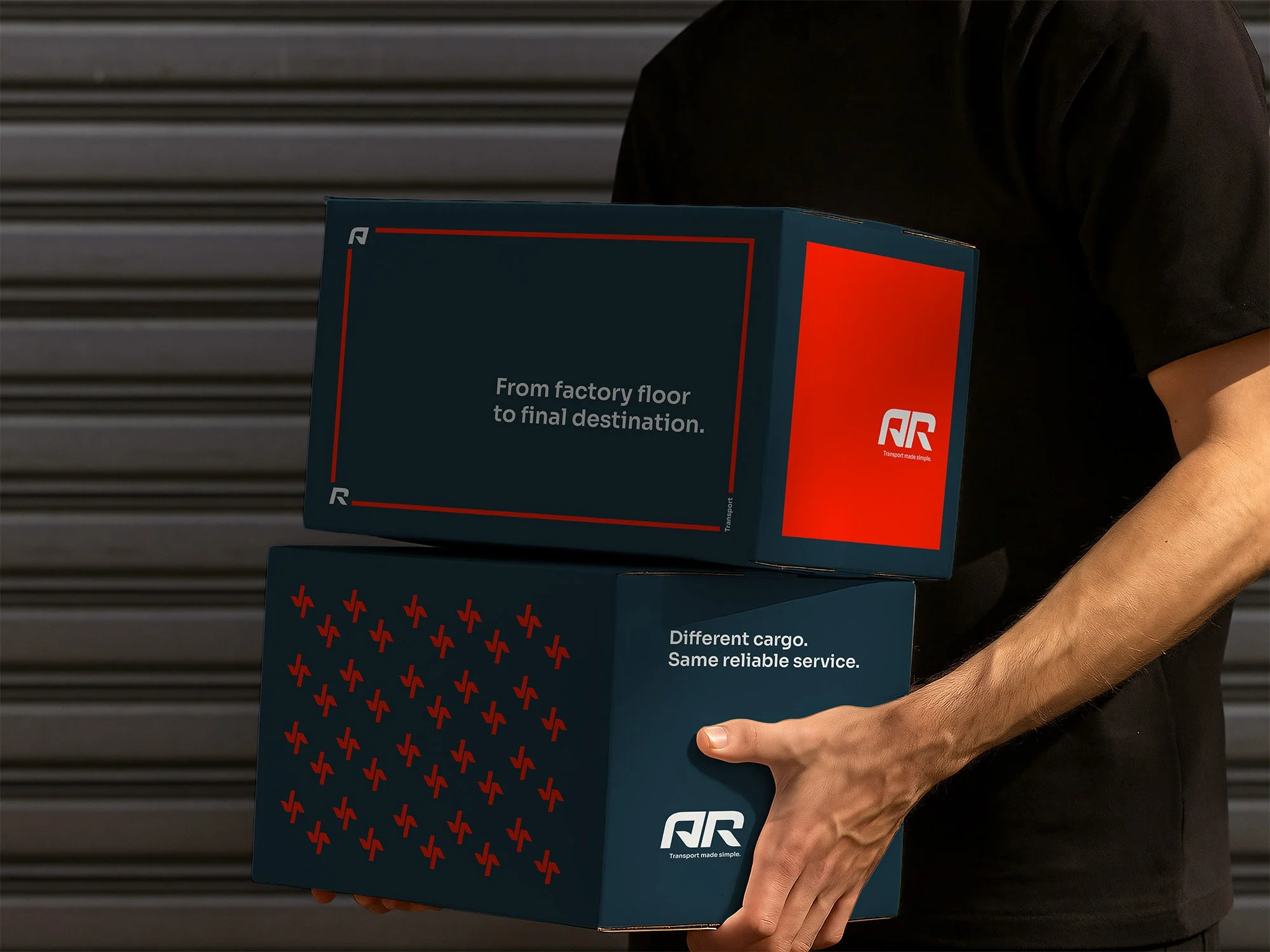 Person holding two cardboard boxes with text: 'From factory floor to final destination.' and 'Different cargo. Same reliable service.' against a metallic background.