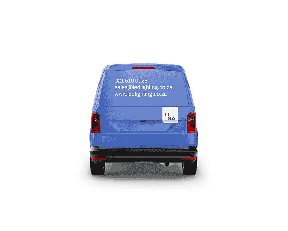 Blue commercial van with contact information and website displayed on the rear window.