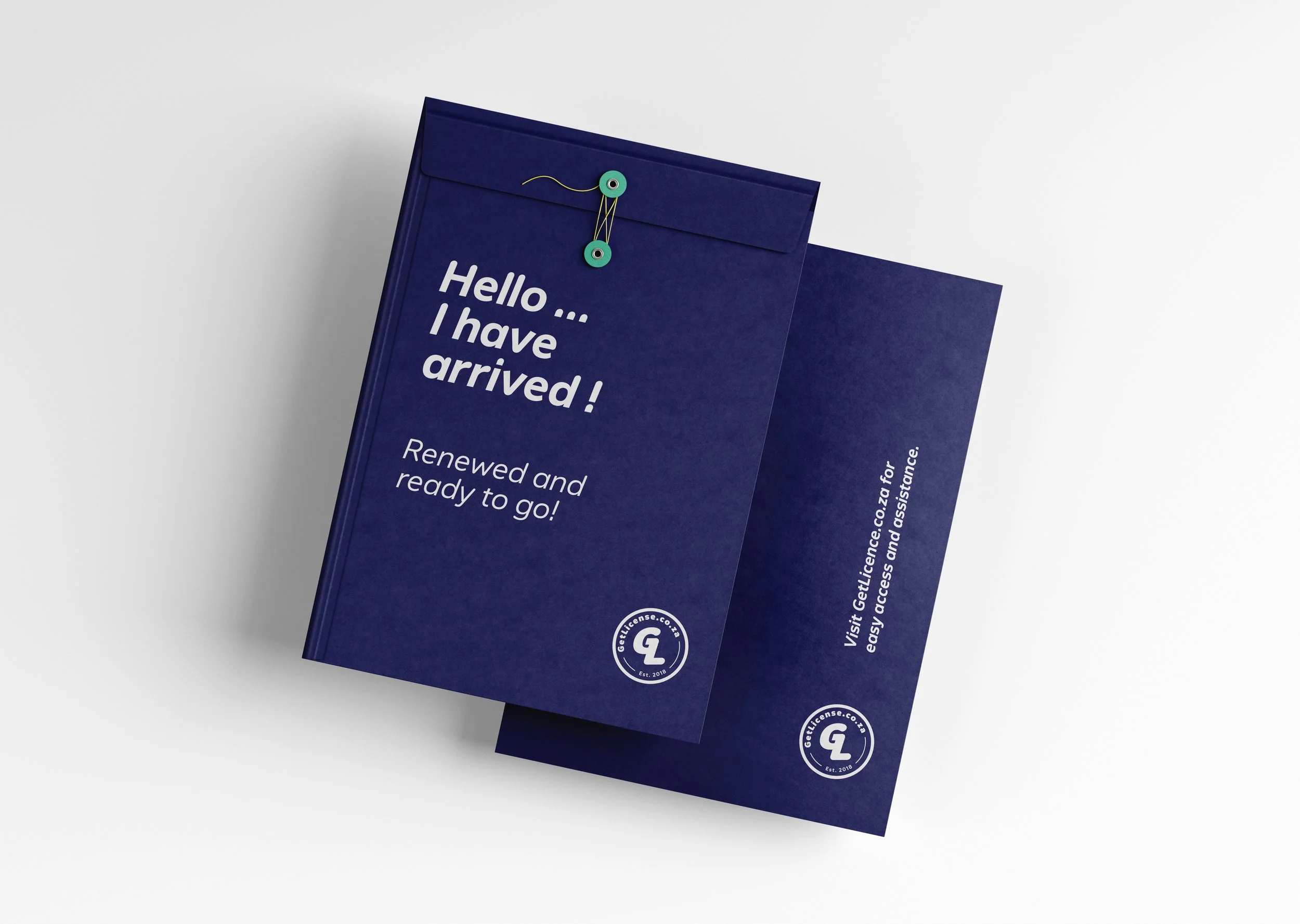 Branded GetLicense.co.za delivery packaging envelopes with engaging messaging and friendly call-to-actions.