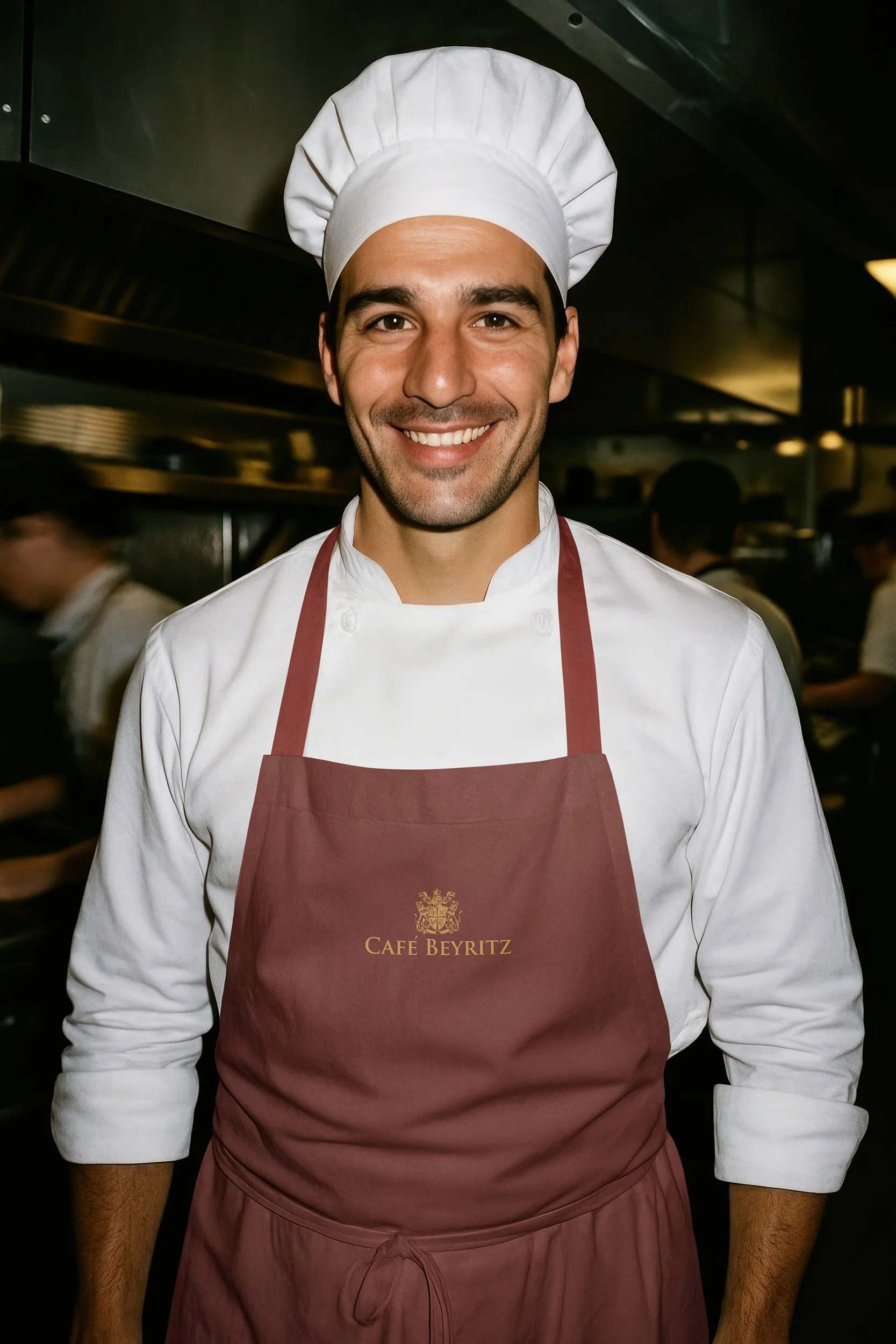 A smiling male chef in a white chef's hat and white uniform, wearing a brown apron with the words "Café Beyritz" and an emblem, standing in a busy kitchen.