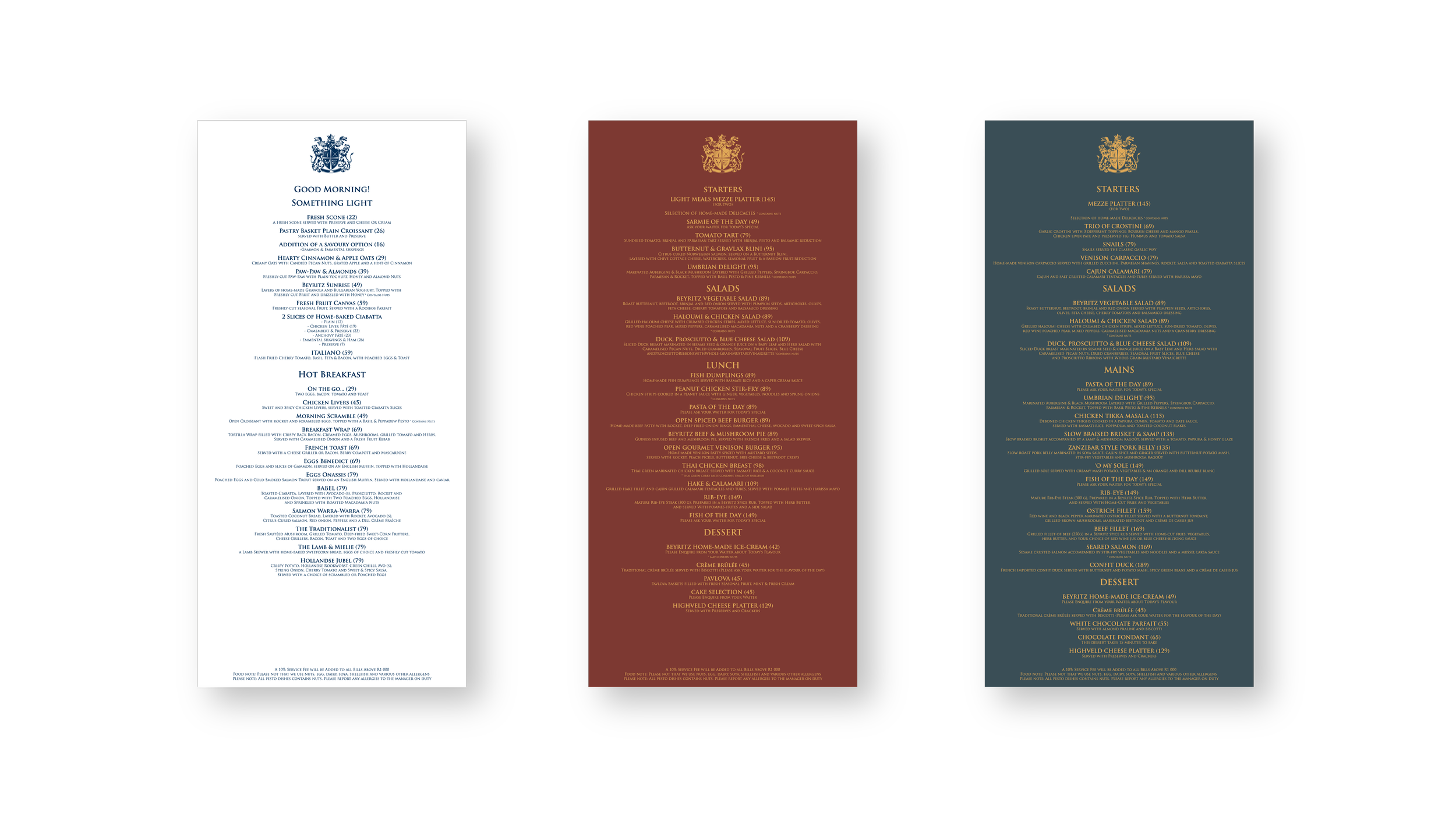 Three mobile restaurant menus side by side, each with different color schemes and sections for breakfast, lunch, salads, starters, mains, and desserts.
