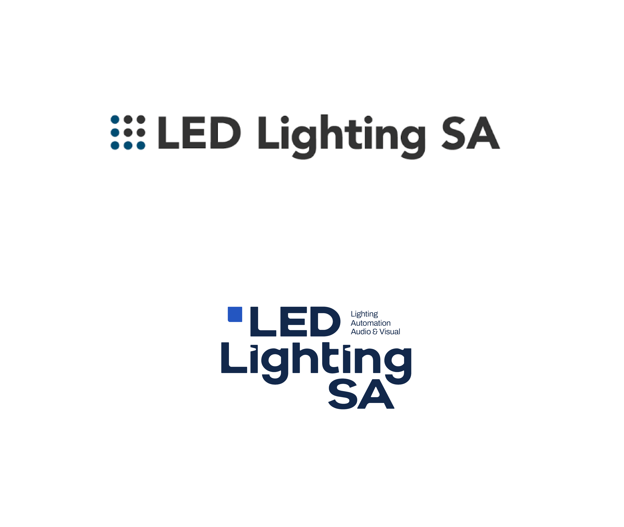Close-up of a screen showing a logo for LED Lighting SA with the words 'Lighting Automation Audio & Visual' underneath.