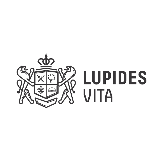 A black and white logo featuring a crest with a crown at the top, held by two lions, and three shield sections with symbols, beside the Latin phrase 'LUPIDES VITA'.