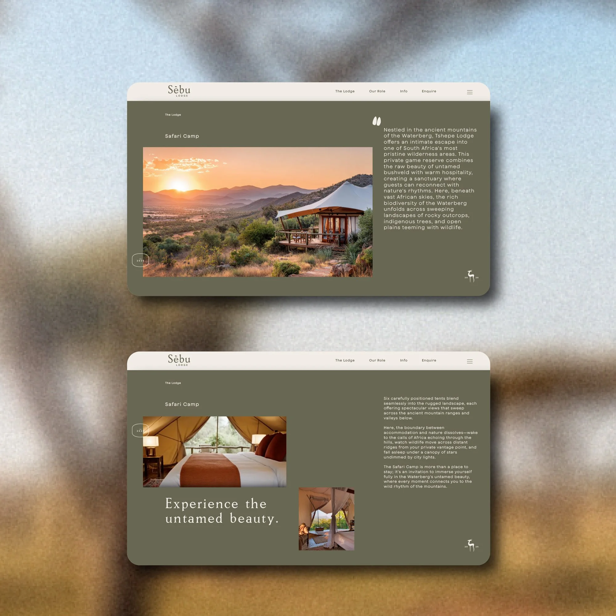 Two web pages showcasing a safari lodge, featuring scenic view of a tented accommodation in a mountainous landscape at sunset and interior images of a tented room with bed and porch, promoting immersive nature experiences.