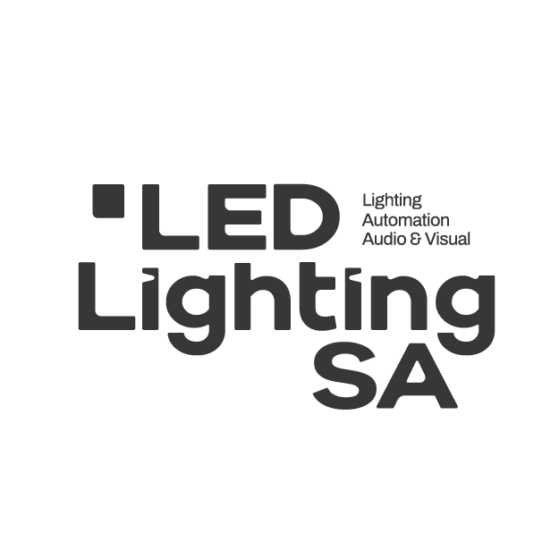 Logo for LED Lighting SA featuring text and a small square icon, with the words 'Lighting Automation Audio & Visual'.