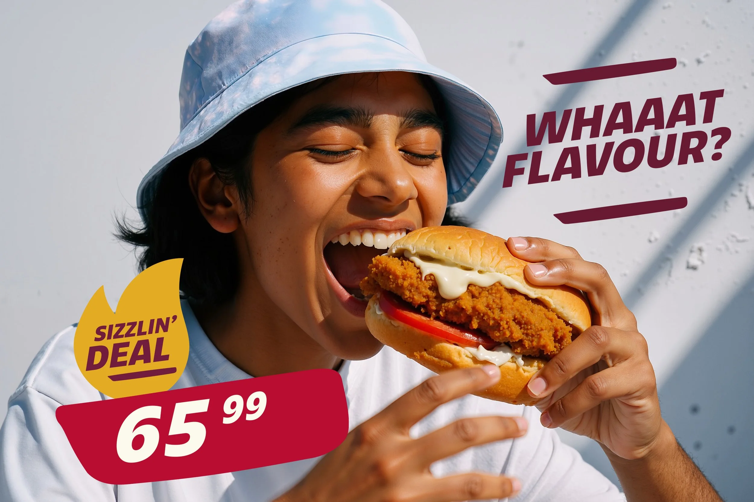 A person in a white shirt and light blue bucket hat is about to bite into a fried chicken sandwich with mayonnaise, tomato, and bun. Text on the image reads 'Whaaat Flavour?' and a yellow badge says 'Sizzlin' Deal' with a price of $65.99.