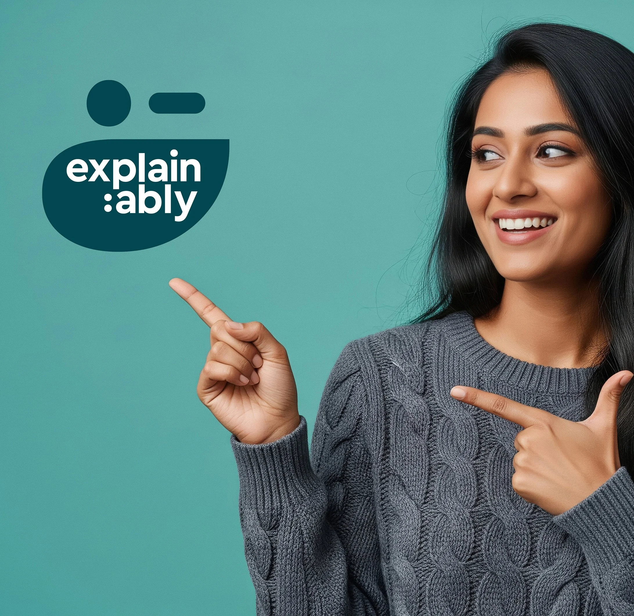 A smiling woman with dark hair pointing to a speech bubble that says "explain:ably" on a teal background.