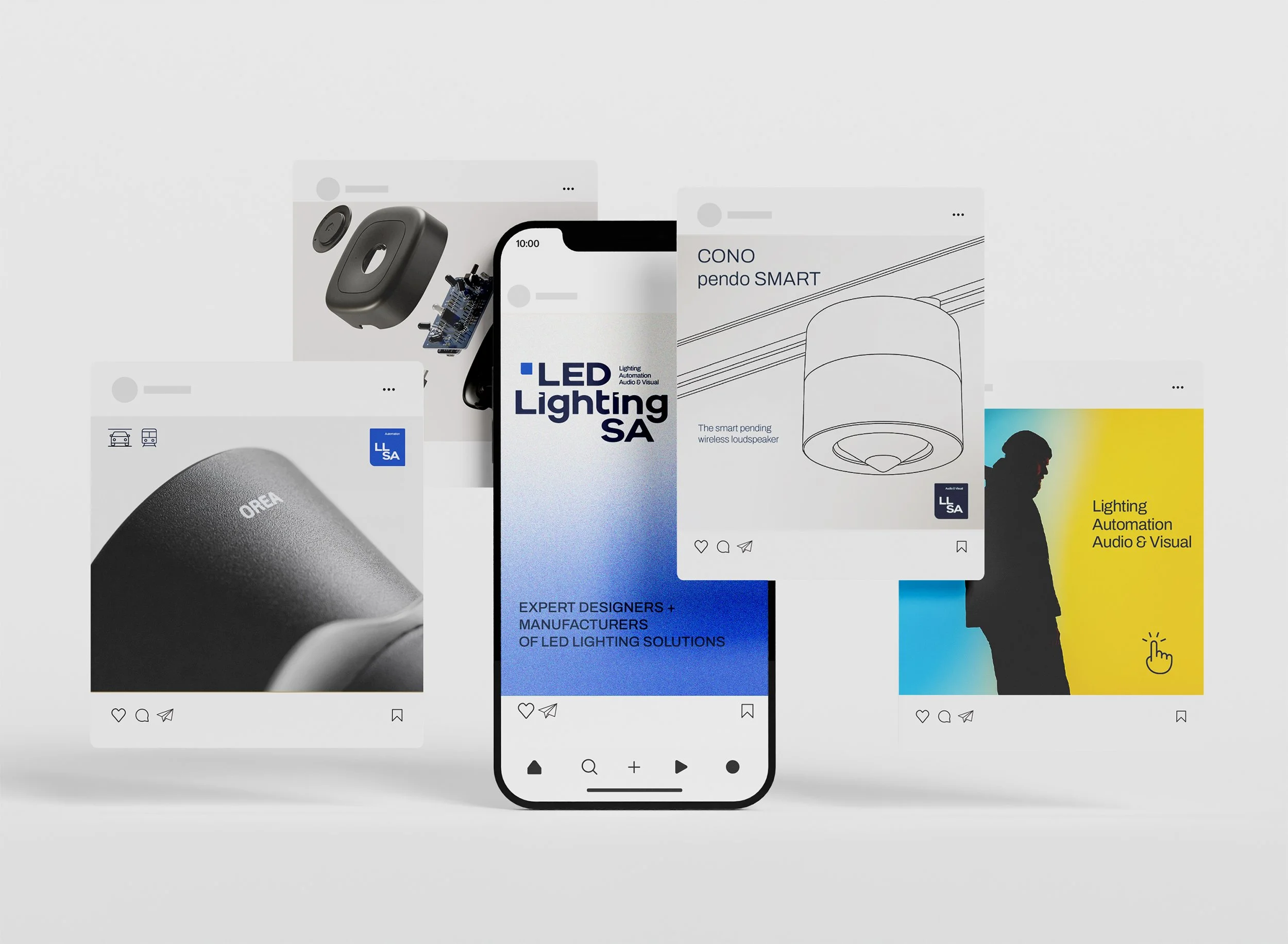 Digital mockup displaying LED lighting products, smart home devices, and related promotional materials on a smartphone and surrounding screens.