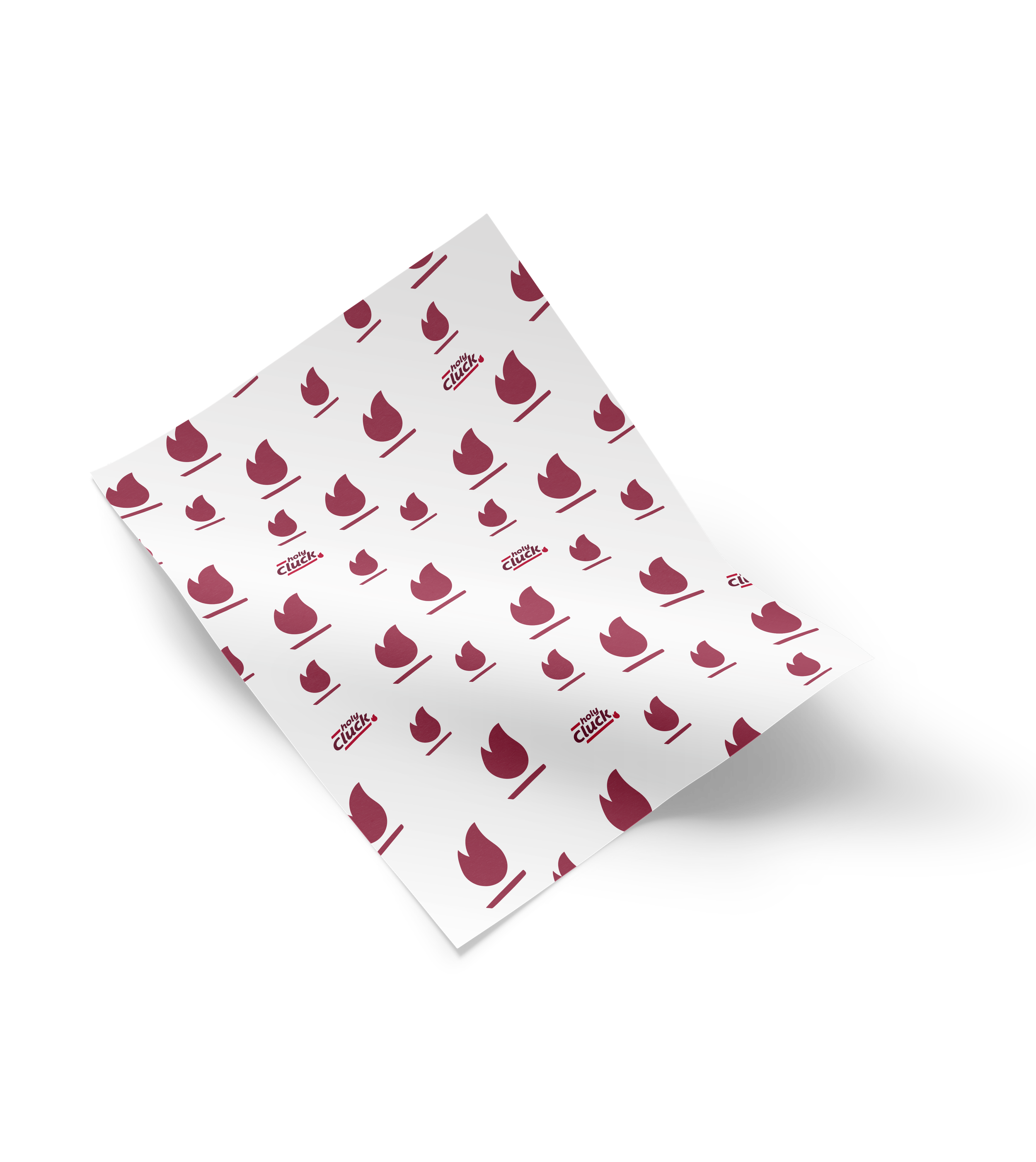 A sheet of wallpaper with a pattern of stylized maroon flames and the words 'Holly Cluck' in maroon.