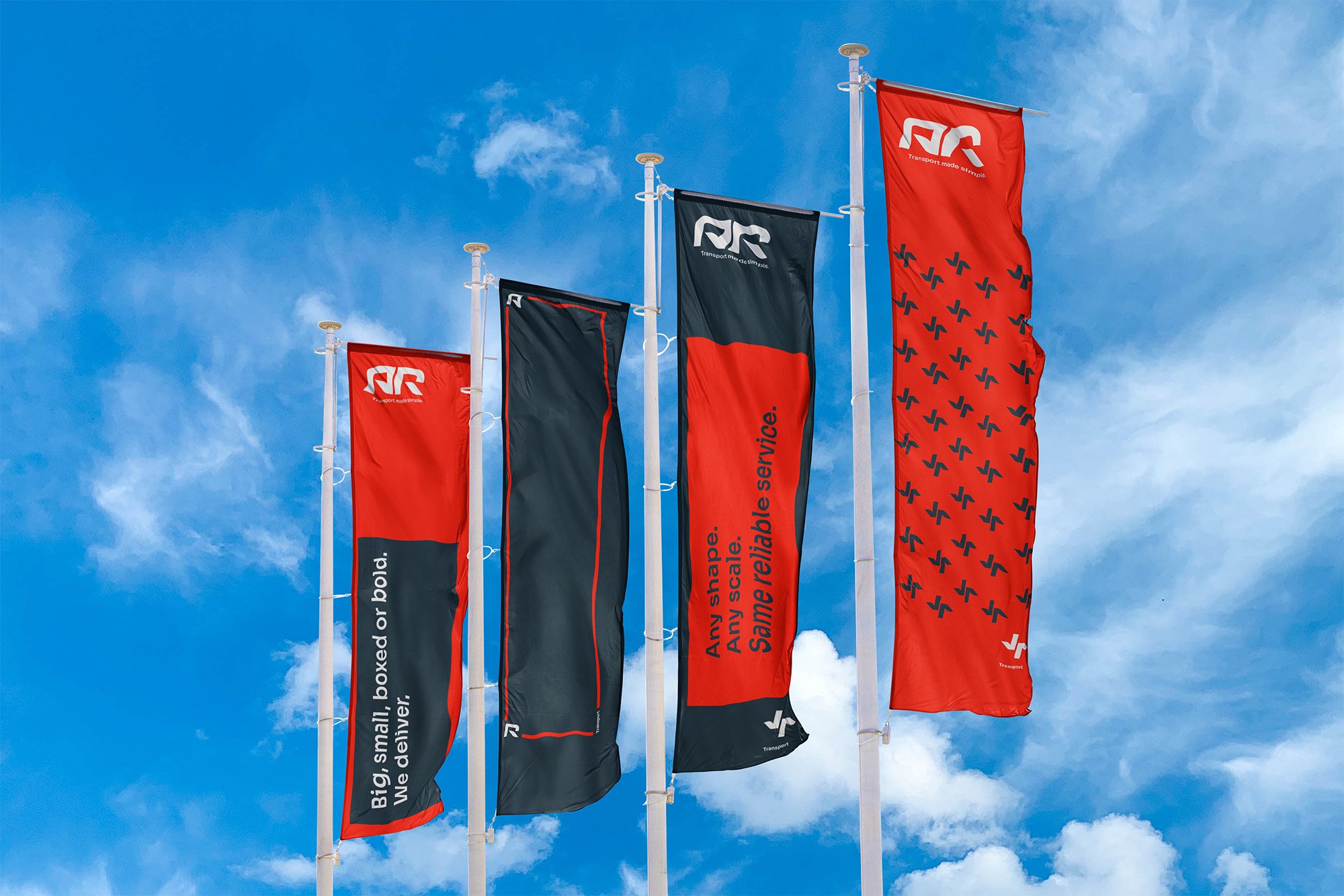 Four flags on white poles against a partly cloudy blue sky, with the flags displaying red and black designs and text related to transportation services.