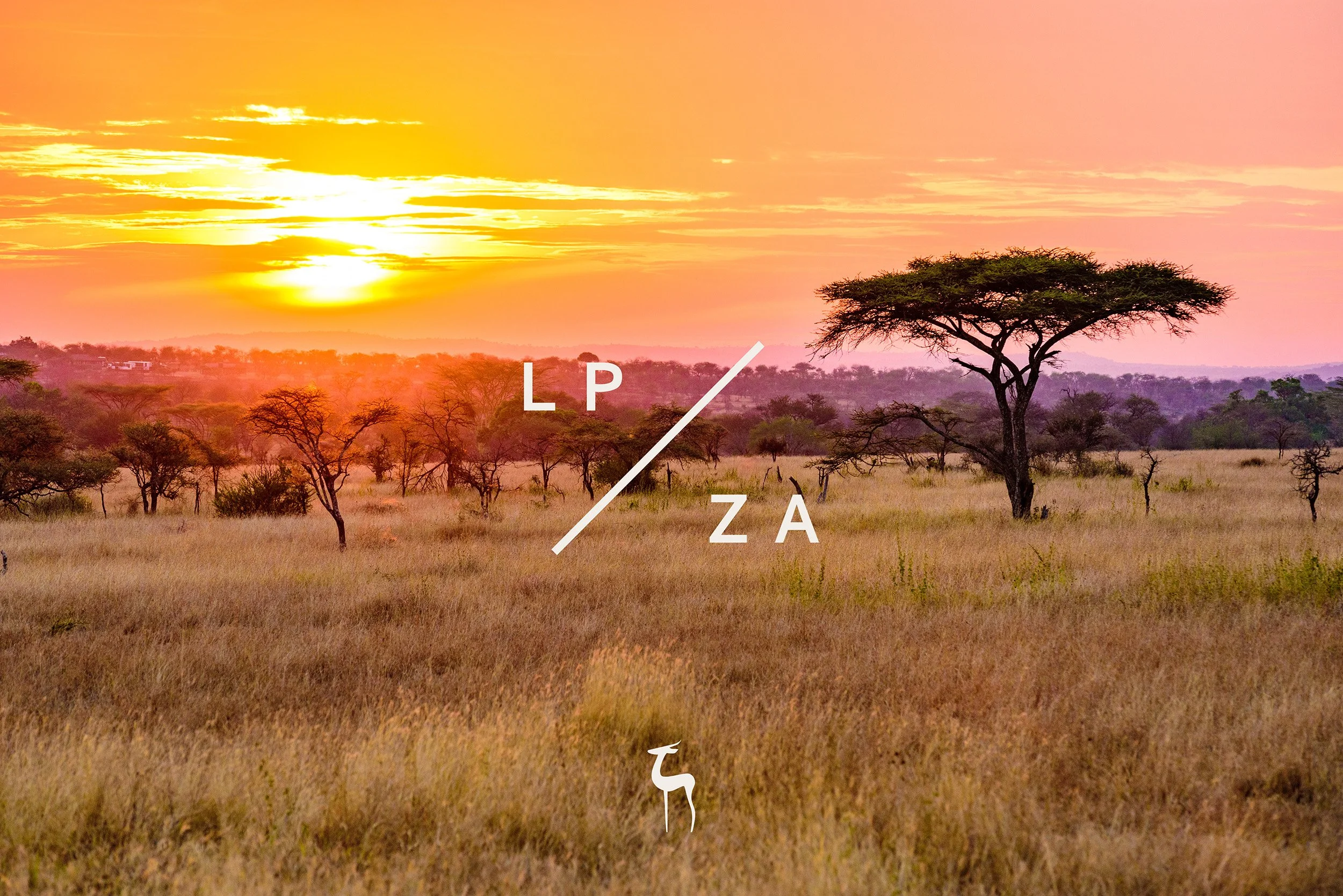 Sunset over an African savannah with scattered trees and tall grass, with white text and a small animal silhouette overlay.