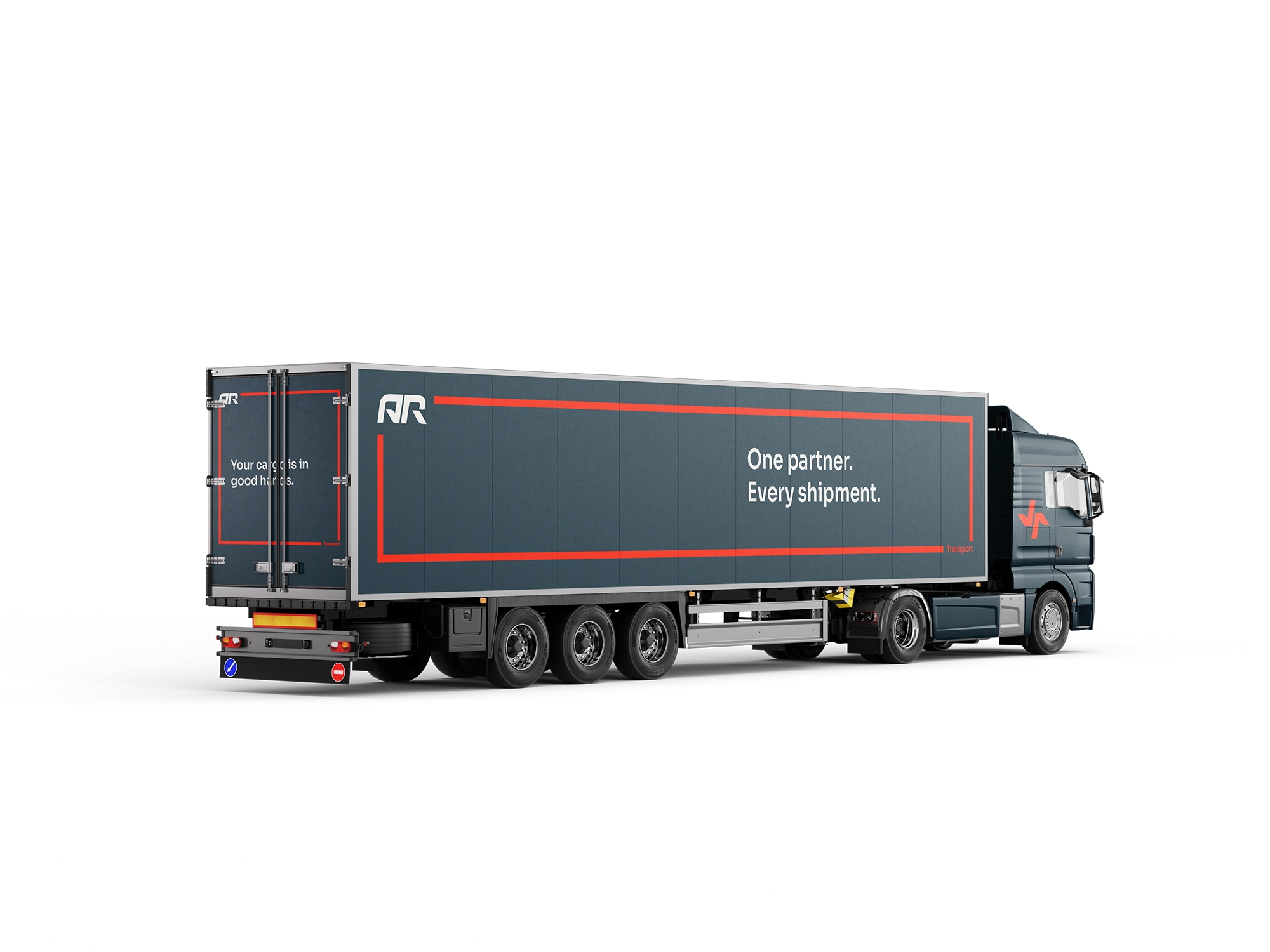 A modern semi-truck with a dark gray and red design, displaying the slogan 'One partner. Every shipment.' on its side.