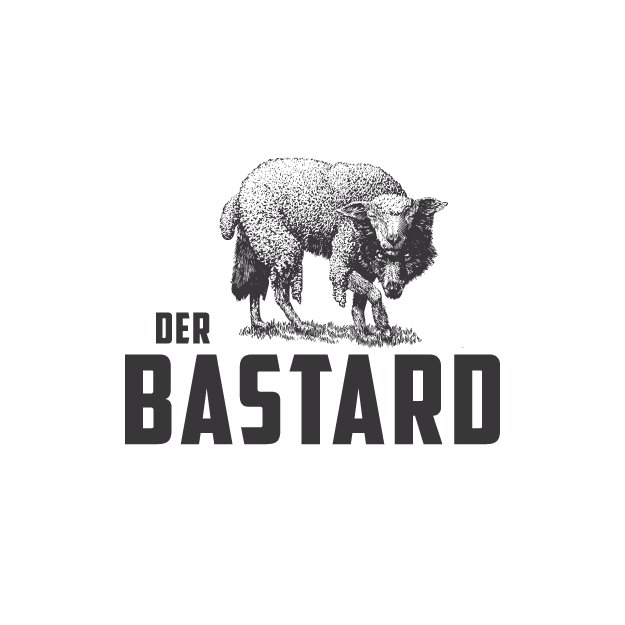 Silhouette of a wolf standing over a small fox or dog, with the text 'Der Bastard' below.