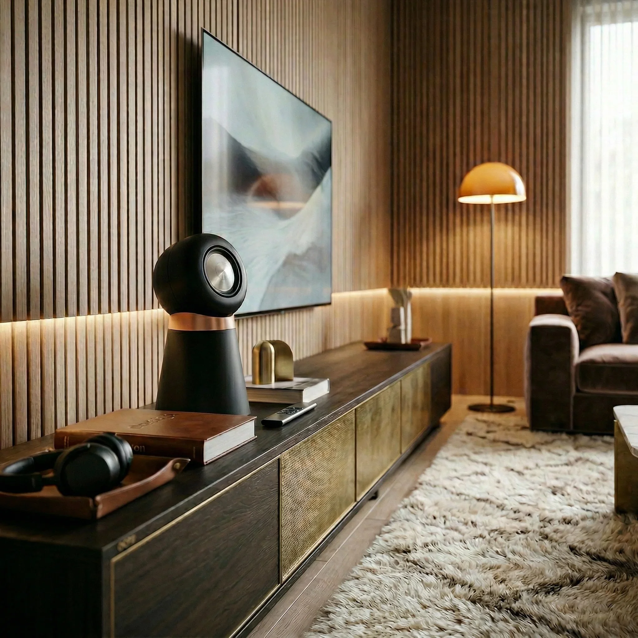 Living room with wooden wall paneling, black speaker, books on a table, a lamp, and a patterned carpet.