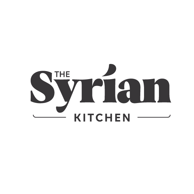 Logo for The Syrian Kitchen with black background, featuring the name in bold serif font and simple lines on either side of the word 'KITCHEN'.