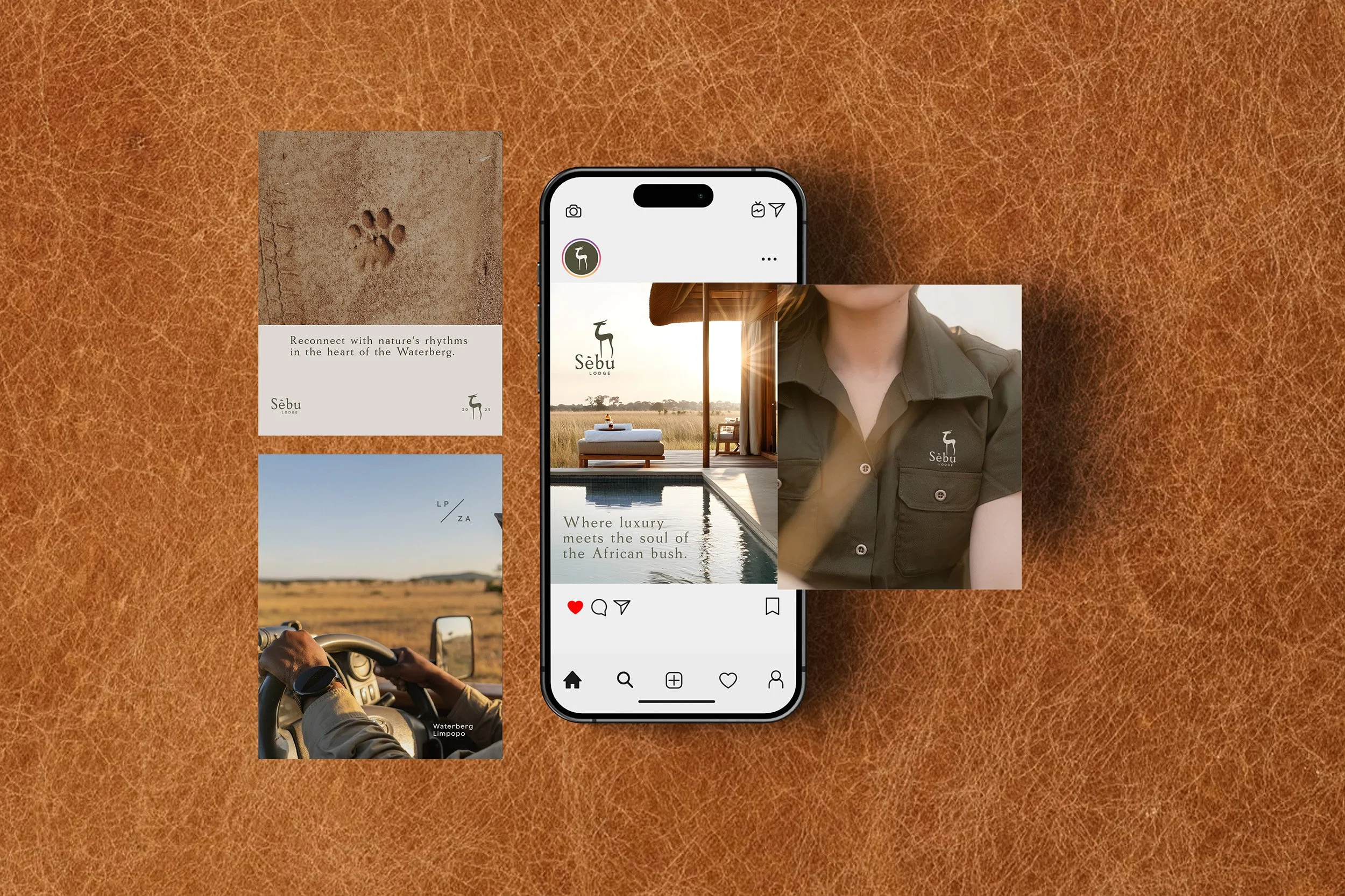 A smartphone displaying Instagram posts surrounded by promotional images for Sebu Lodge, which features African safari and luxury accommodations.